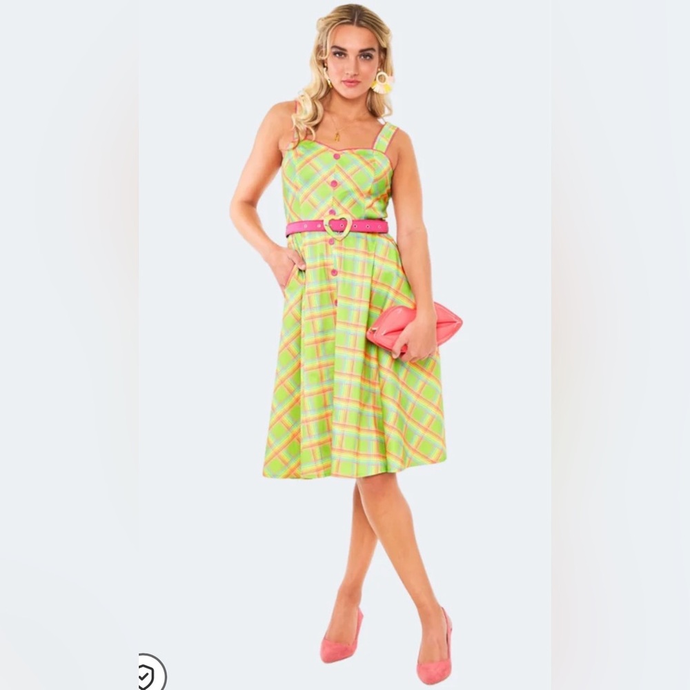 💖Voodoo Vixen Vintage Plaid Dress Heart Belt Green Pink Size M